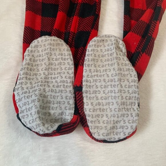 5/$25 Carter's Santa red black buffalo plaid fleece zipper pajamas footies pjs - Picture 2 of 5